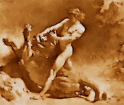Herakles kills the Lion (classic male nude print)